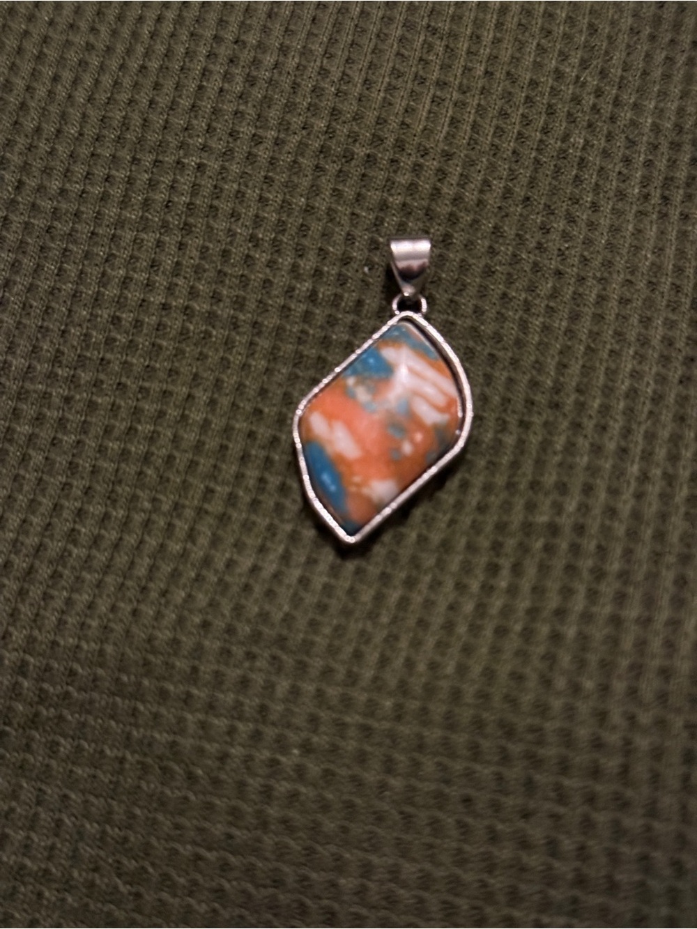 Sterling Silver Orange and Blue Turquoise Stone Pendant Necklace